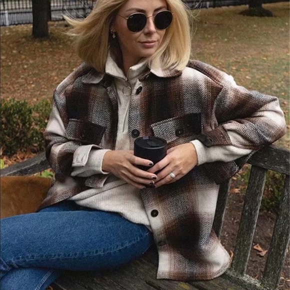 Boyfriend Fit Plaid Jacket Coat Brown Trucker - Picture 3 of 16